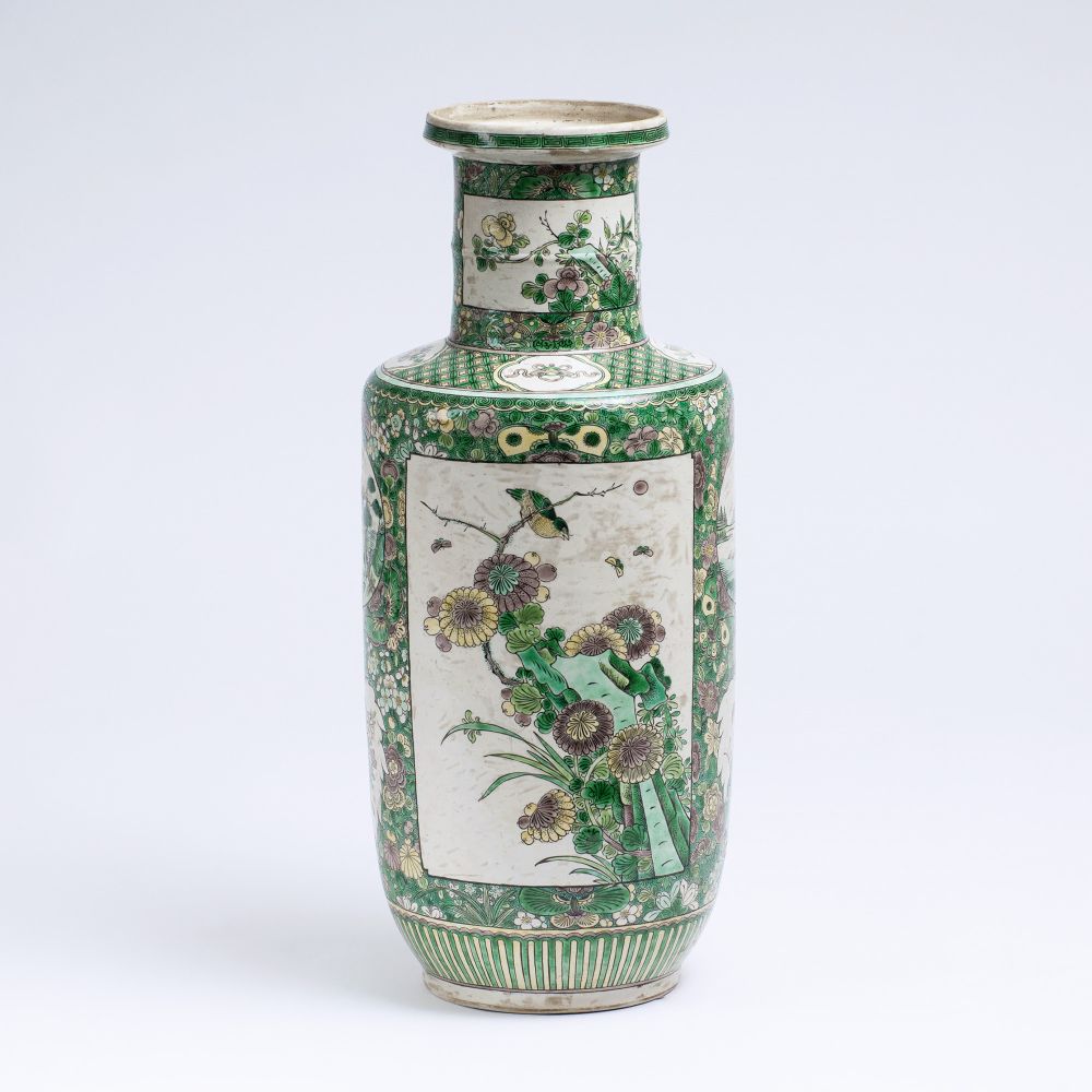 A Wucai Rouleau Vase with Famille Verte Painting A Wucai Rouleau Vase with Famille Verte Painting