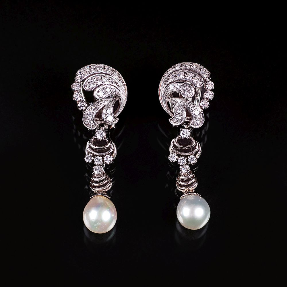 A Pair of Vintage Diamond Pearl Earpendants