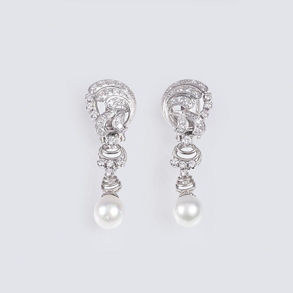 A Pair of Vintage Diamond Pearl Earpendants - image 2