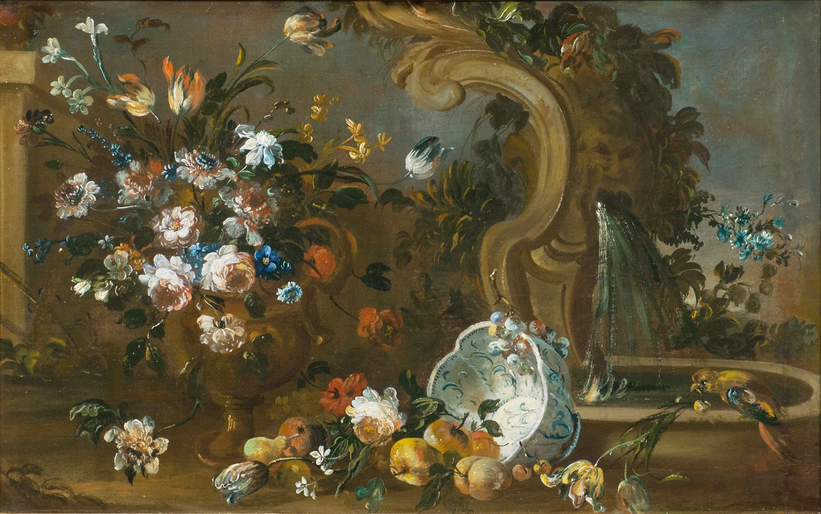 Francesco Lavagna, tätig Anfang 18. Jh. - Blumenstilleben mit Wanli-Schale und Brunnen Blumenstilleben mit Wanli-Schale und Brunnen