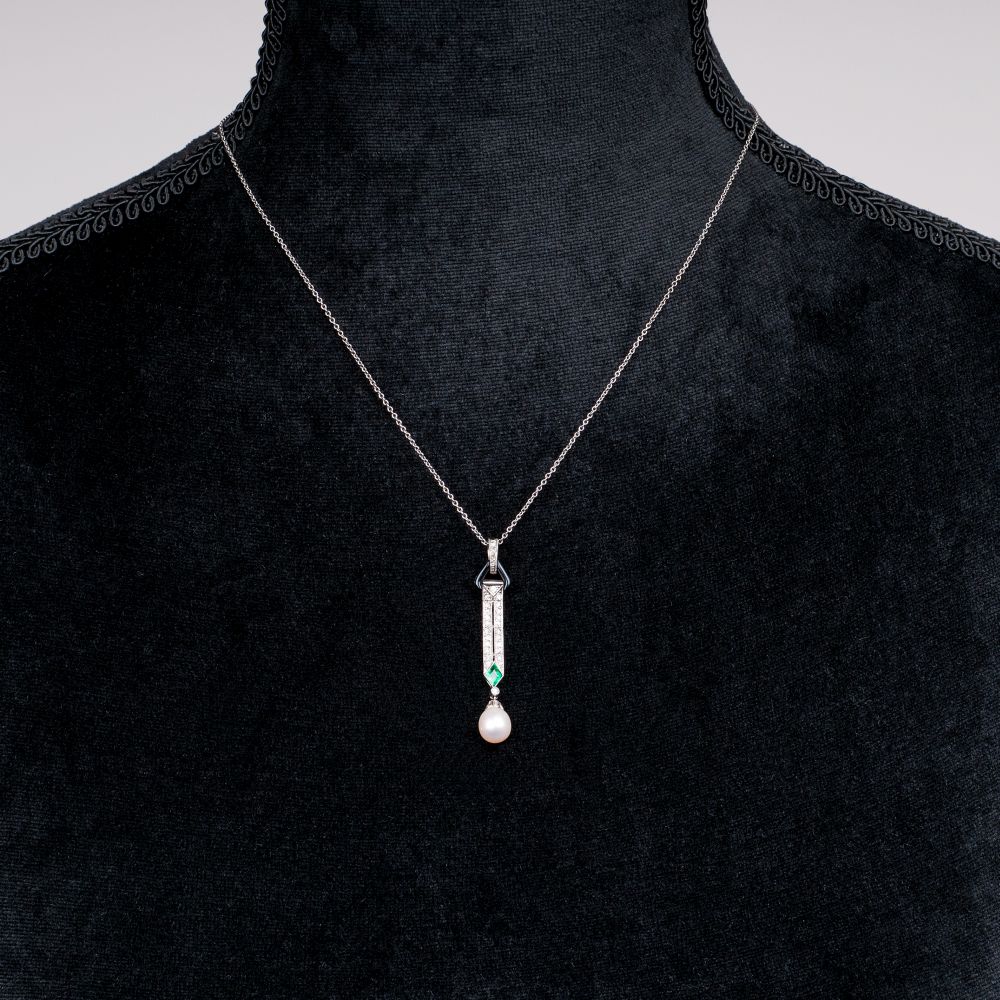 Art-déco Smaragd-Diamant-Anhänger mit Perle - Bild 2