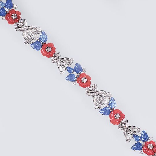 A Sapphire Diamond Bracelet with Coral Flowers