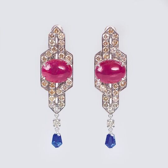 A Pair of natural Ruby Sapphire Diamond Earrings