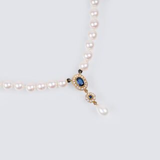 Perlen-Kette mit Saphir-Diamant-Anhänger