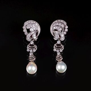 A Pair of Vintage Diamond Pearl Earpendants