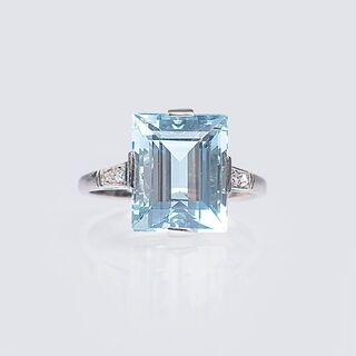 An Art-déco Aquamarine Ring with Rosecut Diamonds