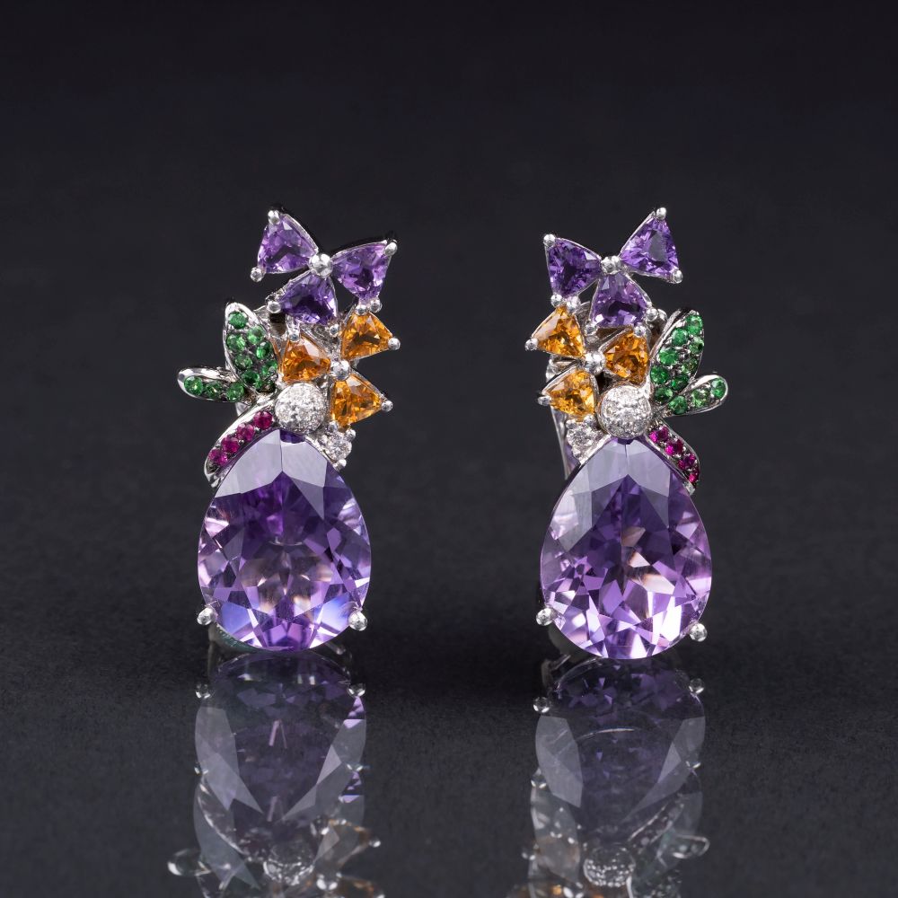 A Pair colourful Amethyst Diamond Citrine Earrings with Pink-Sapphires A Pair colourful Amethyst Diamond Citrine Earrings with Pink-Sapphires
