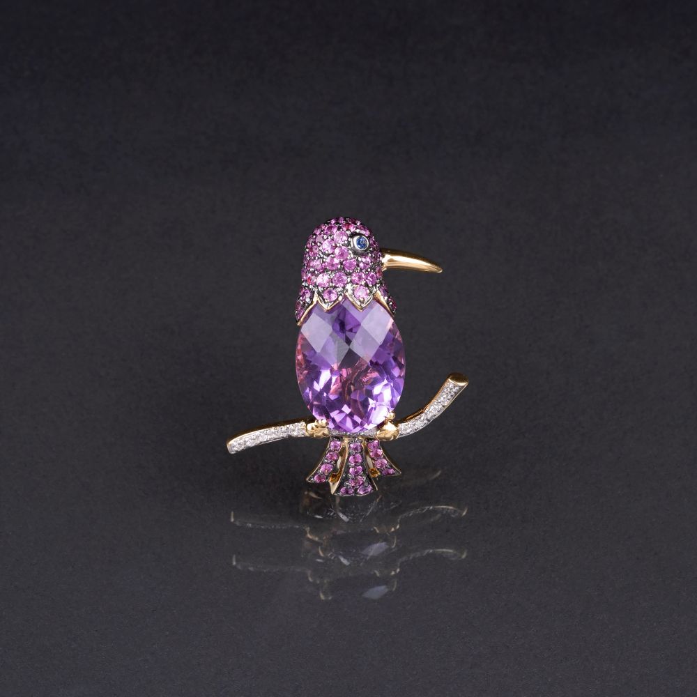 A Brooch 'Bird' with Amethyst, Pink Sapphires and Diamonds A Brooch 'Bird' with Amethyst, Pink Sapphires and Diamonds