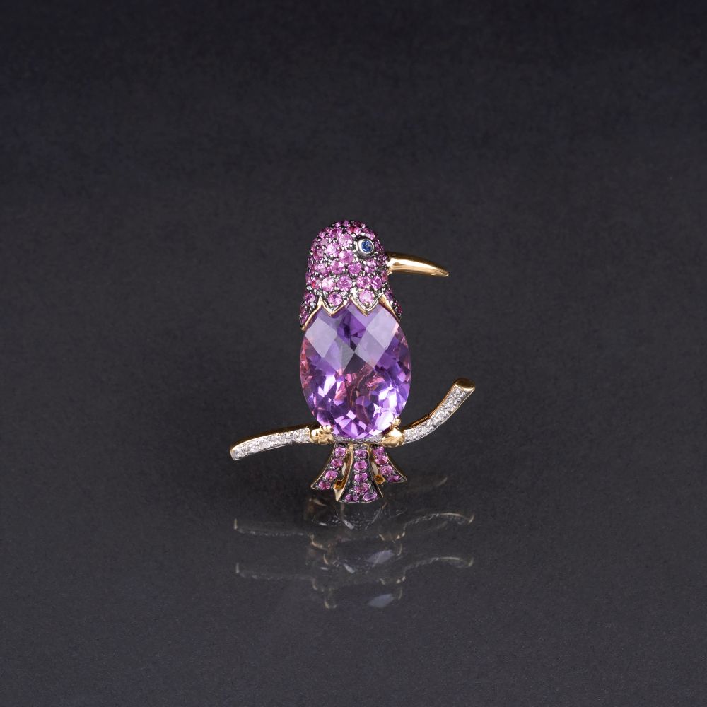 Vogel-Brosche mit Amethyst, Pink-Sapphiren und Brillanten