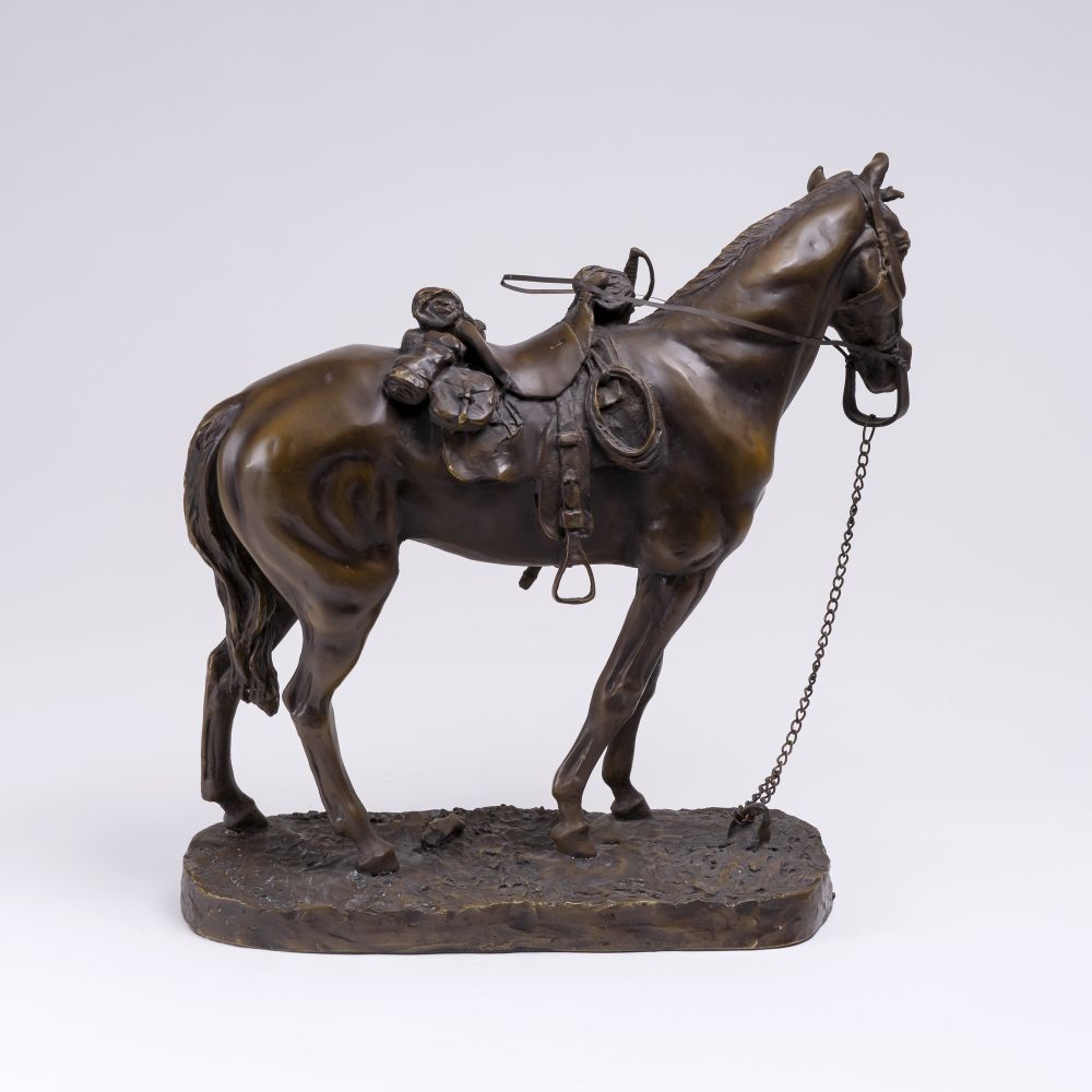 Figure of a standing chestnut colored horse, wearing a saddle and reins - image 2
