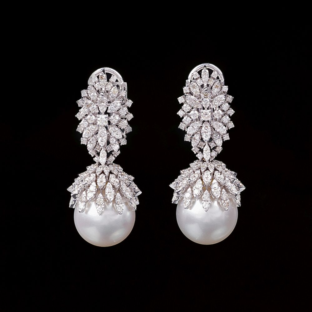 A Pair of Southsea Pearl Diamond Earpendants A Pair of Southsea Pearl Diamond Earpendants