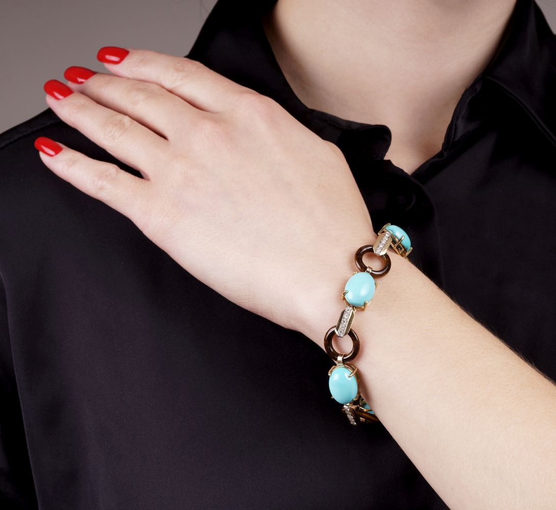 A Turquoise Tigereye Bracelet with Diamonds - image 2