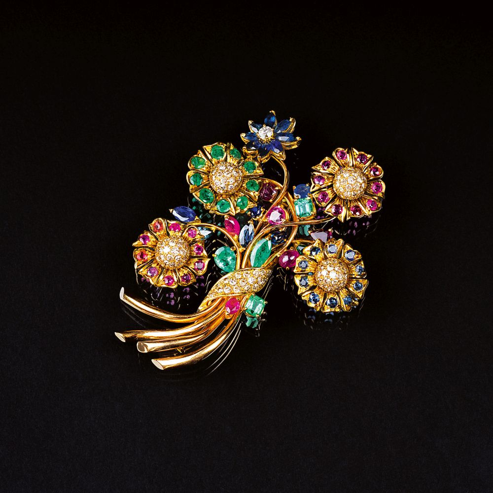 A Vintage Flower Brooch with Coloured Precious Stones and Diamonds