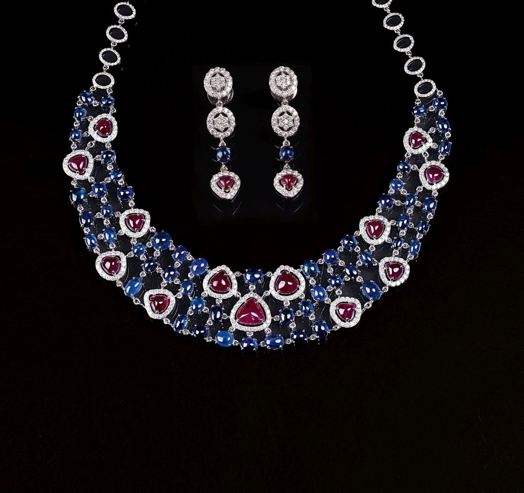 A Demi Parure: Ruby Sapphire Diamond Necklace with matching Earrings