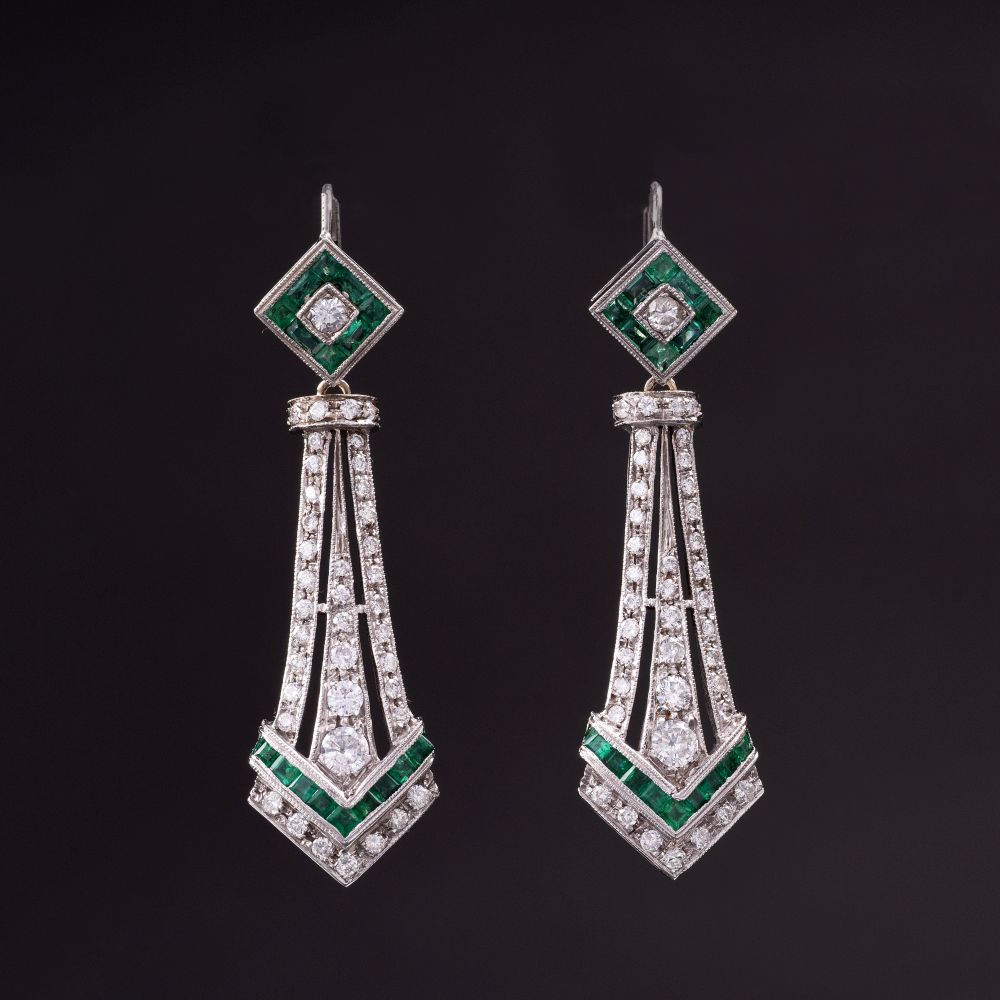 Paar Smaragd-Brillant-Ohrhänger im Art-déco Stil