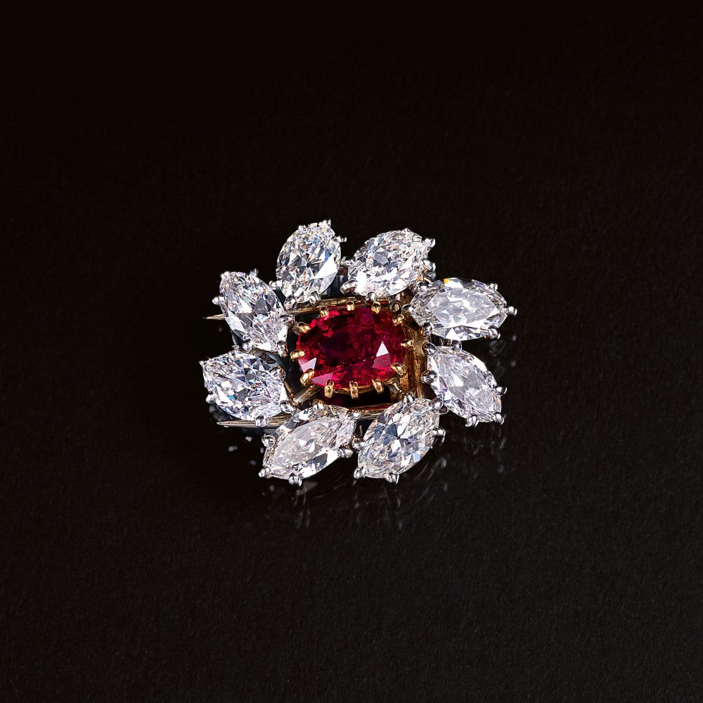 Hochfeine Rubin-Diamant-Brosche