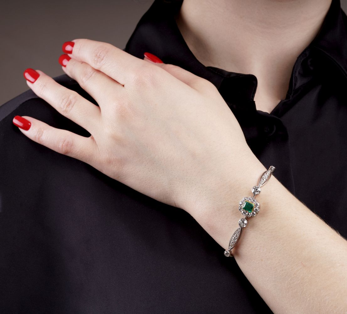 Hochfeines Altschliffdiamant-Armband mit Smaragd - Bild 2