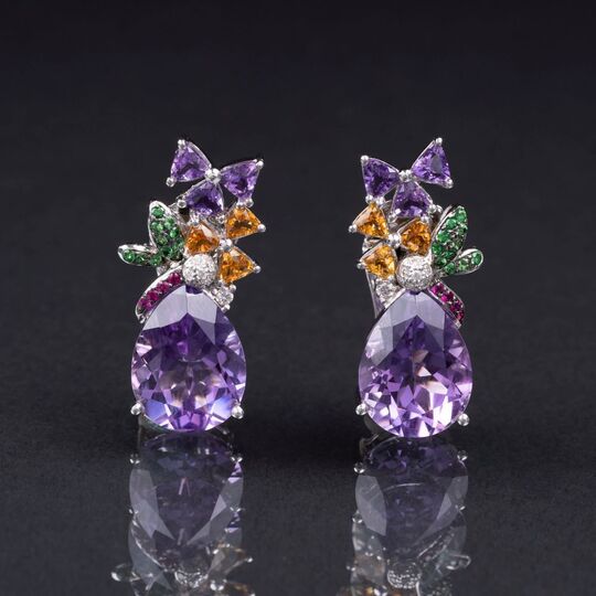 Paar farbenreicher Amethyst-Brillant-Citrin Ohrringe mit Pink-Saphiren