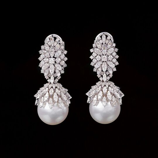 A Pair of Southsea Pearl Diamond Earpendants