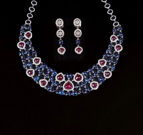 A Demi Parure: Ruby Sapphire Diamond Necklace with matching Earrings