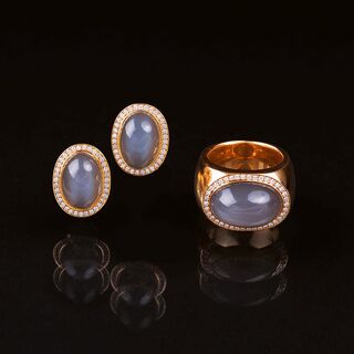 A Moonstone Diamond Ring with Pair of Earclips