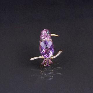 A Brooch 'Bird' with Amethyst, Pink Sapphires and Diamonds