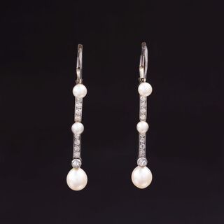 A Pair of Art Nouveau Diamond Pearl Earpendants