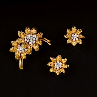 A Demi Parure: Diamond Brooch with Pair of Earclips