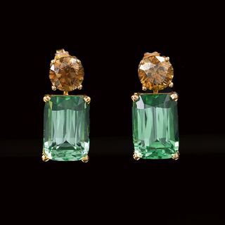 A Pair of Lagoon Tourmaline Fancy Diamond Earrings