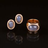 A Moonstone Diamond Ring with Pair of Earclips - image 1