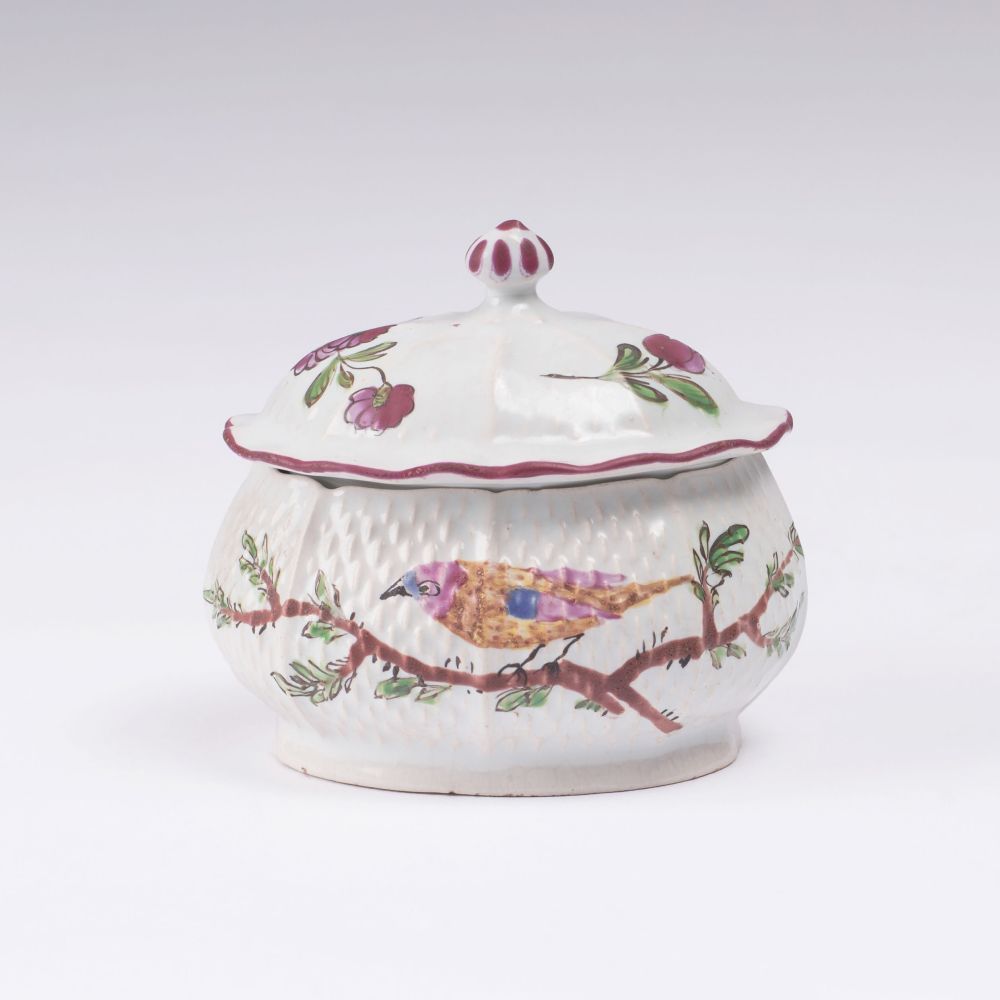 A Small Lidded  Fayence Cup with Bird  Painting