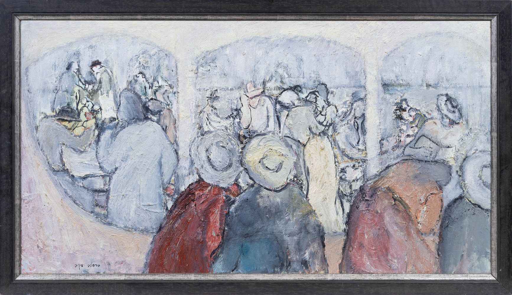 Two paintings: people in town - image 3