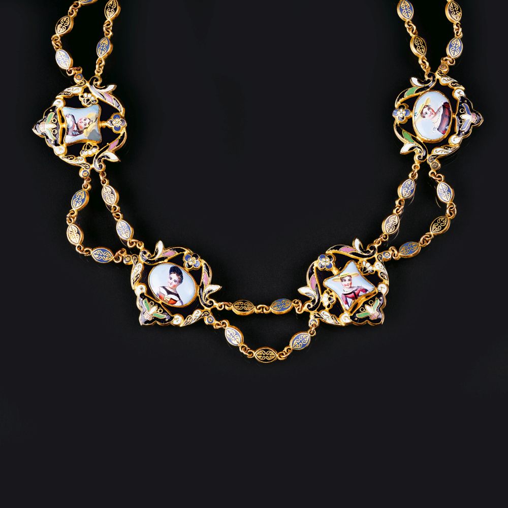 A Biedermeier Necklace with Cloisonné ornaments and Porcelain ...
