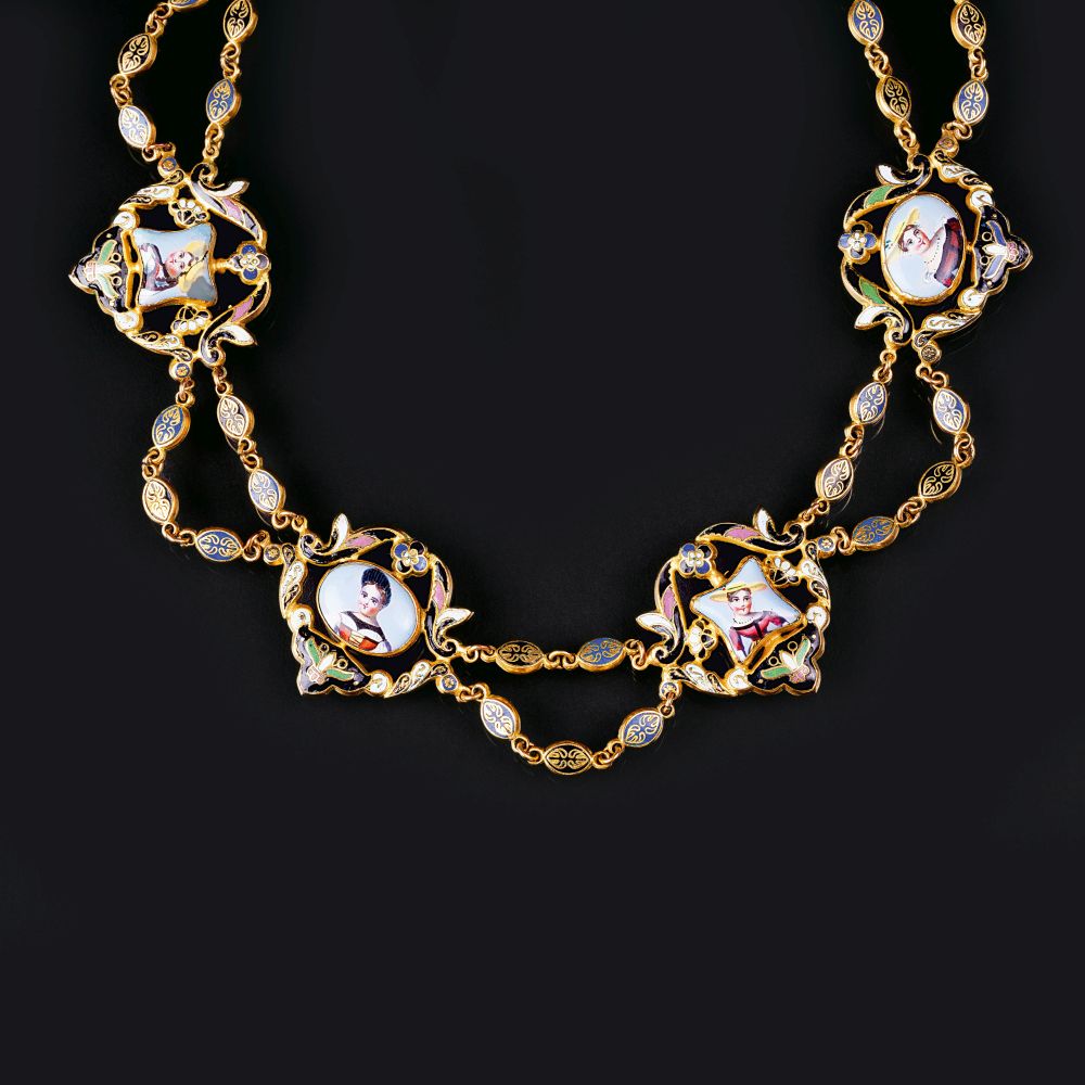 A Biedermeier Necklace with Cloisonné ornaments and Porcelain Miniatures of Portraits