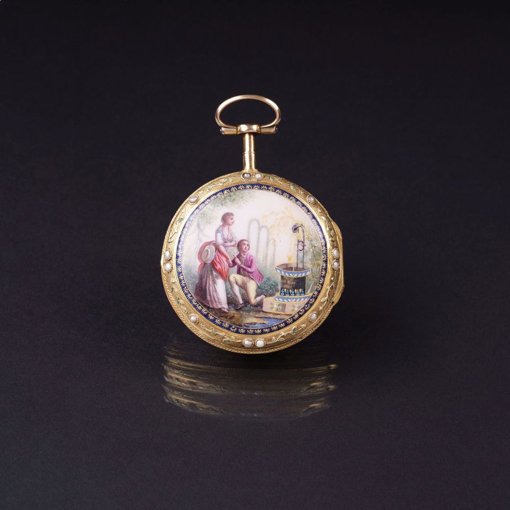 Luigi Duchêne - Spindeltaschenuhr mit feiner Emaille-Malerei Spindeltaschenuhr mit feiner Emaille-Malerei