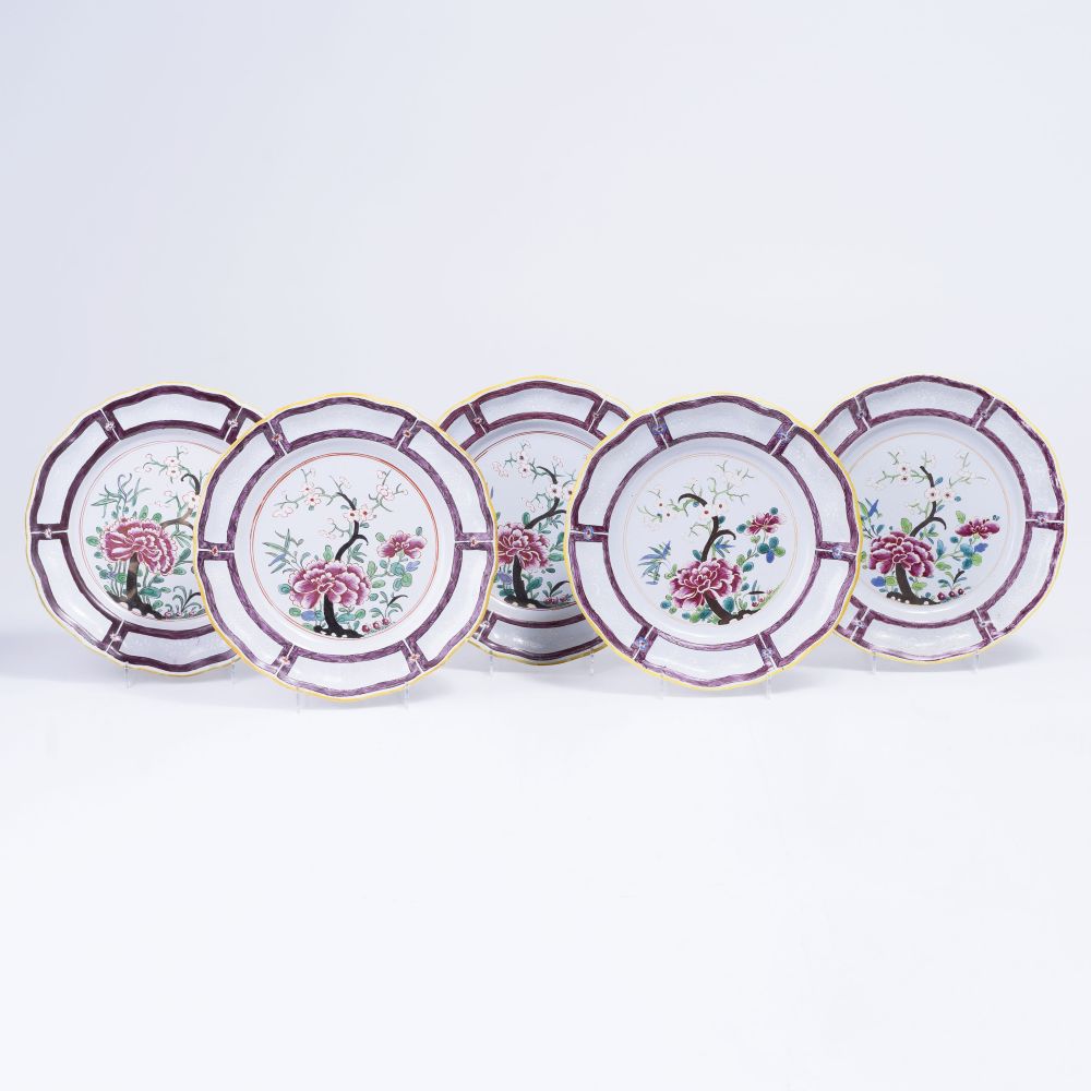 A Set of 5 Faience Plates with Peonies and Prunus A Set of 5 Faience Plates with Peonies and Prunus