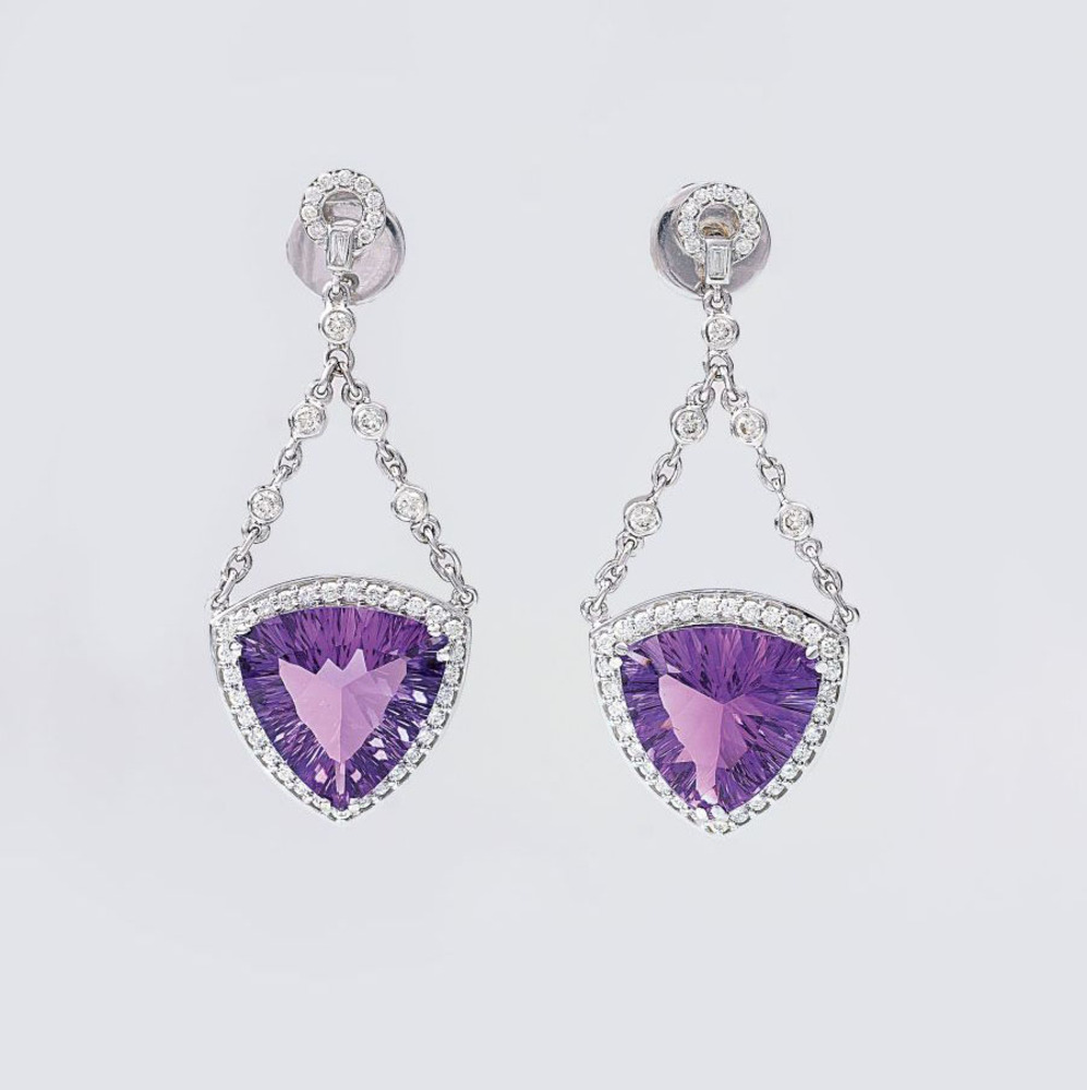 A Pair of Amethyst Diamond Earpendants A Pair of Amethyst Diamond Earpendants