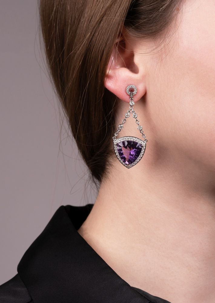 A Pair of Amethyst Diamond Earpendants - image 2