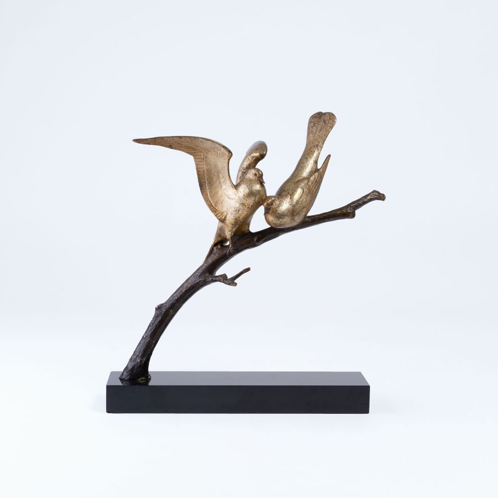 Art déco Bronze 'Zwei Vögel auf einem Ast'