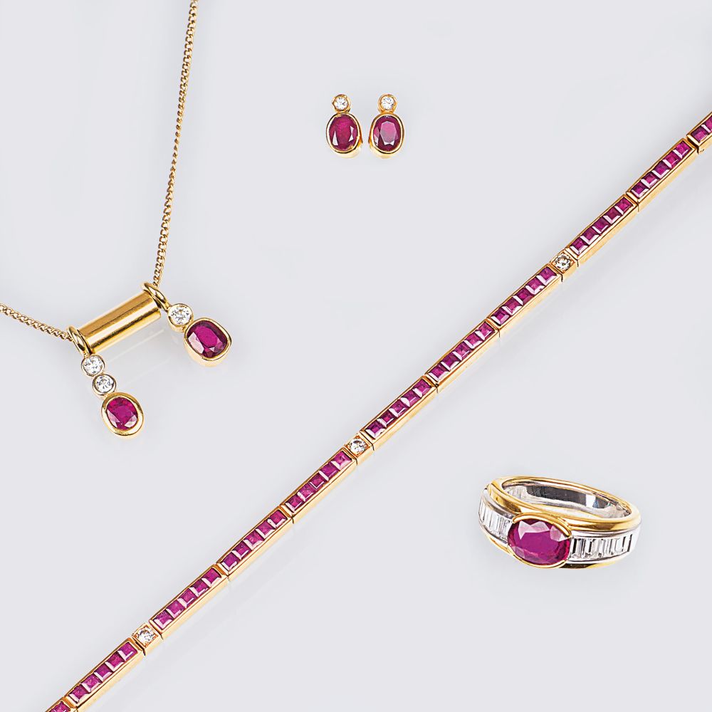 A four-part Jewellery Set with Rubies and Diamonds A four-part Jewellery Set with Rubies and Diamonds
