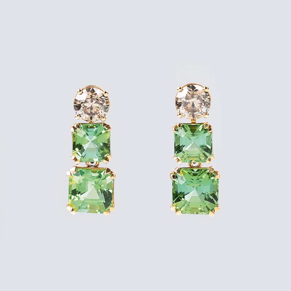 A Pair of Lagoon Tourmaline Solitaire Diamond Earpendants