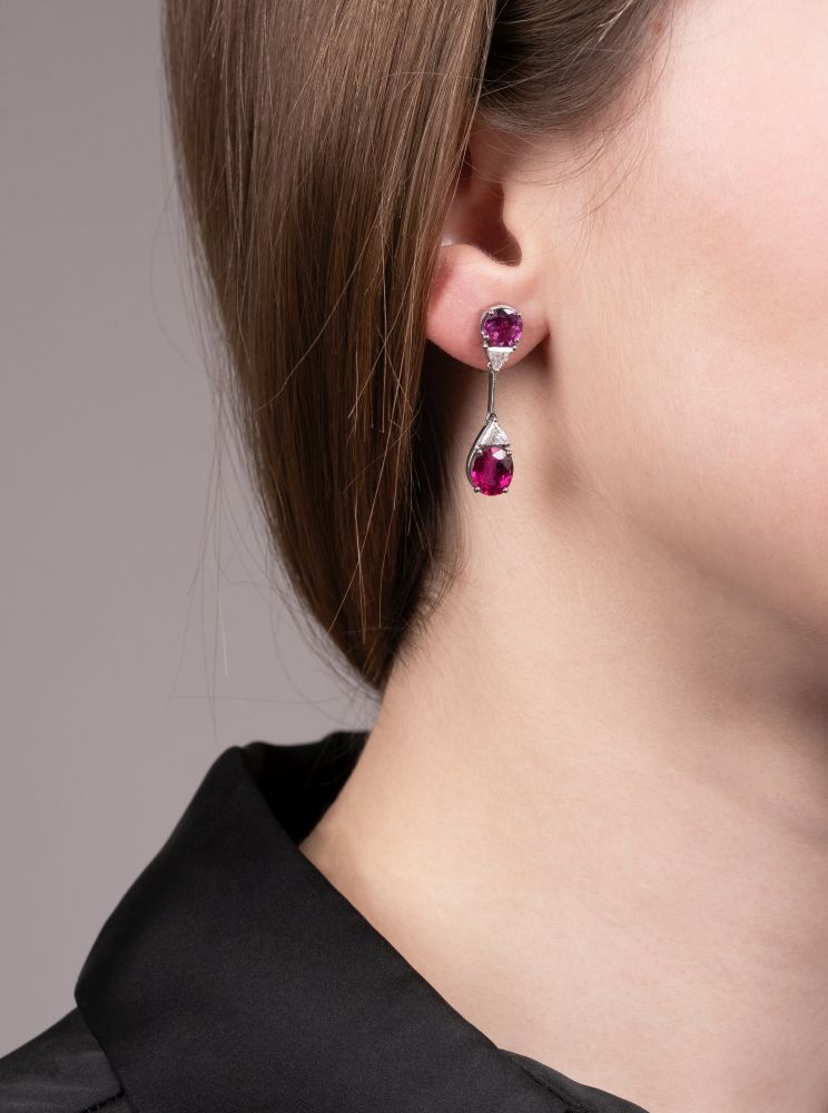 A Pair of Ruby-Sapphire Earpendants with River Diamonds - image 2