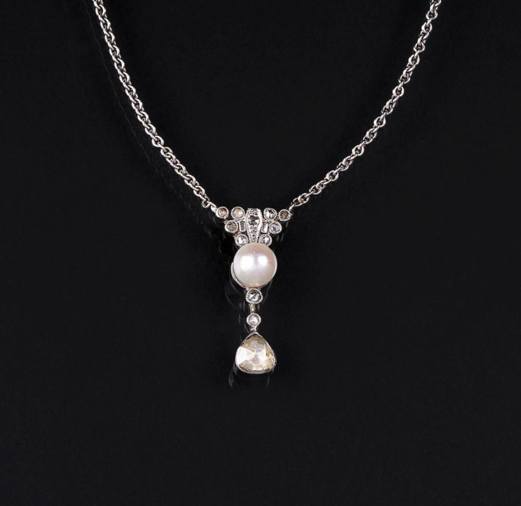 An Art Nouveau Diamond Pendant with Pearl An Art Nouveau Diamond Pendant with Pearl
