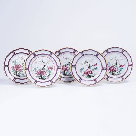 A Set of 5 Faience Plates with Peonies and Prunus