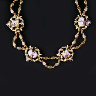 - A Biedermeier Necklace with Cloisonné ornaments and Porcelain Miniatures of Portraits A Biedermeier Necklace with Cloisonné ornaments and Porcelain Miniatures of Portraits