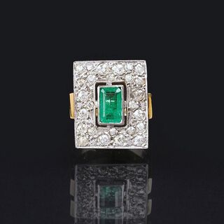 Art-déco Smaragd-Ring mit Altschliffdiamanten