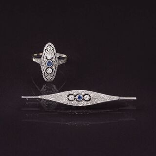 An Art-déco Diamond Sapphire Ring with Brooch