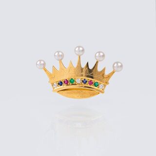 Brosche mit Edelstein-Besatz und Perlen 'Krone'