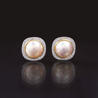 A Pair of Mabé Pearl Diamond Earrings