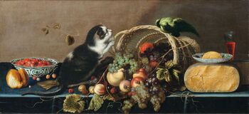 Stilleben mit Katze, Papagei, Früchten und Käse - Bild 1